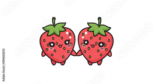 Two cute cartoon strawberries with smiling faces and green leaves on white background