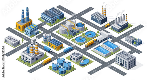 Isometric illustration of an industrial area with factories and warehouses