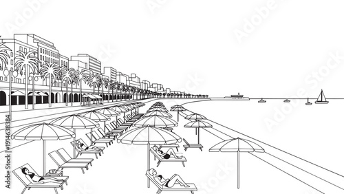 Monochrome seaside boardwalk scene featuring boats, piers, and an expansive horizon.