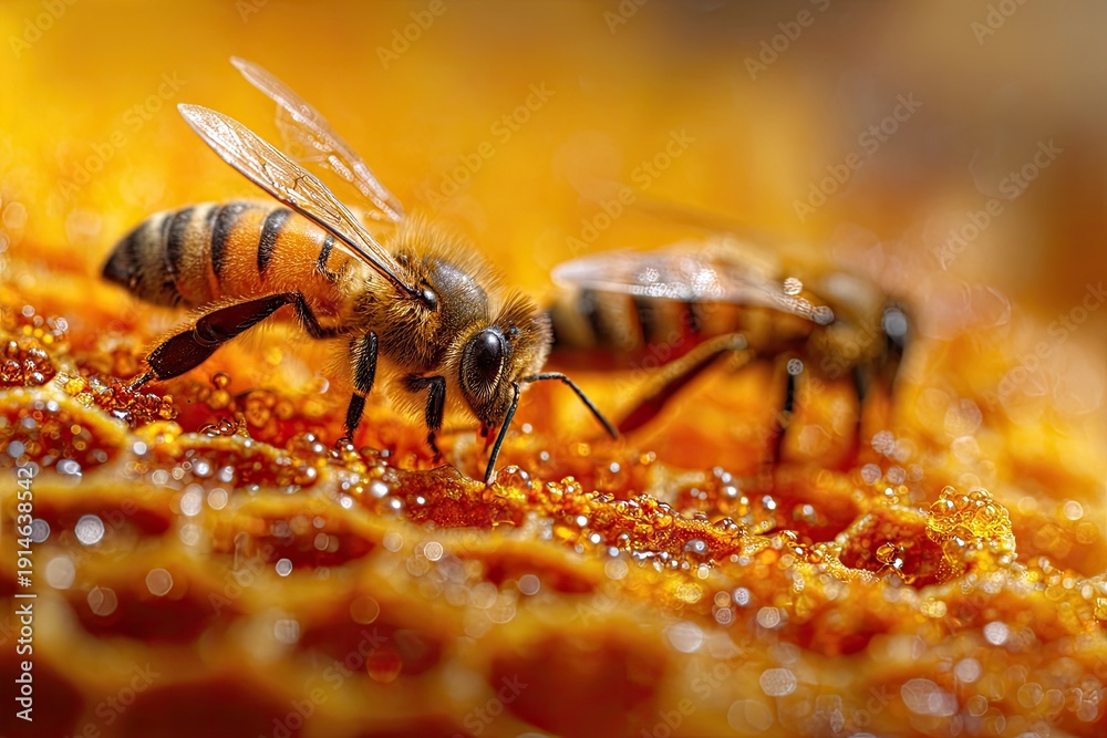 Naklejka premium Detailed close-up of two honey bees on a glistening golden honeycomb surface