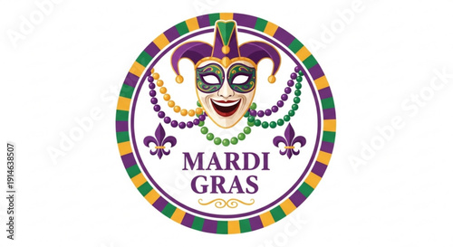 Mardi gras mask with colorful beads and purple text on white background with fleur de lis