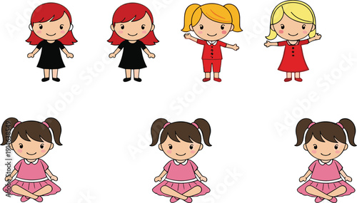 Cute Little Girls Cartoon Characters Set in Different Poses and Dresses Isolated Flat Vector Illustration Collection