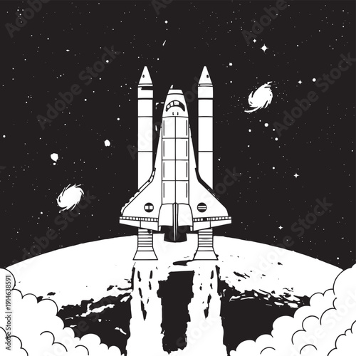 Rocket Launch from the Moon Surface Elevating a Space Shuttle into a Starry Void.