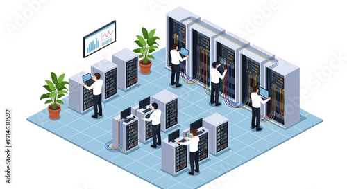 Isometric illustration of people working with servers and computers in a data center with a blue floor and green plants