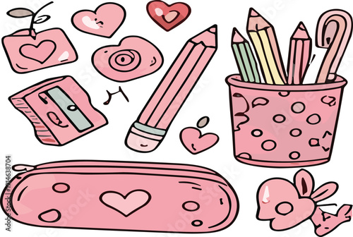 Cute Pink School Supplies Collection with Pencils Sharpener Pencil Case and Hearts Doodle Vector Illustration