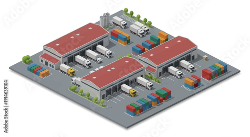 Isometric view of a warehouse complex with trucks and containers on a gray industrial site