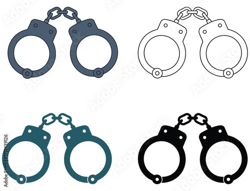 Metal Handcuffs, law enforcement and police restraint tool, criminal detention symbol, security and public safety equipment illustration.