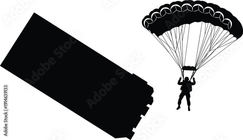 Black silhouette vector of a skydiver with an open parachute jumping next to a large cargo container for logistics themes.