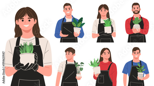vector illustration set featuring male and female gardeners holding various potted plants and succulents. Ideal for gardening services, plant shops, nursery promotions, urban farming, eco lifestyle