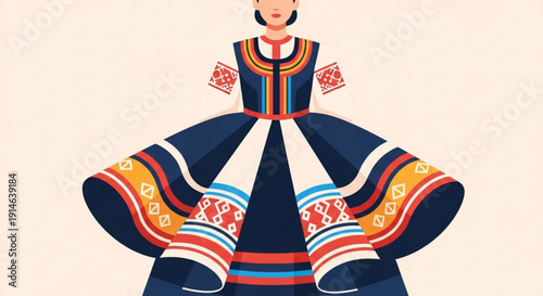 Woman wearing traditional dress with colorful patterns and designs standing against a beige background cultural fashion illustration