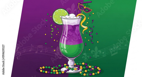 Vibrant mardi gras cocktail with purple and green layers lime wedge and colorful beads on a festive background