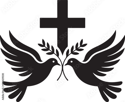 Wallpaper Mural Two black doves facing each other holding olive branches below a simple black Christian cross Torontodigital.ca