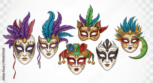 Vibrant mardi gras masks with feathers and colorful designs on white background for carnival celebrations
