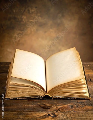 Opened book on worn wood surface, blank pages facing up, warm brown, dramatic lighting
