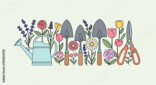 Gardening tools and flowers colorful illustration of trowels pruners watering can and vibrant blooms on light green background
