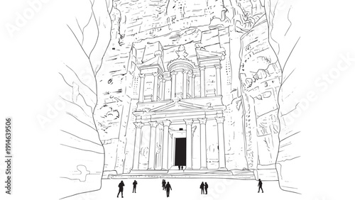 Intricately Framed Historic Cathedral Facade with People in a Sketch.