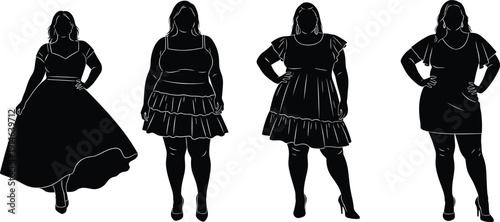 Black silhouette vector of curvy plus size women wearing various fashionable summer dresses for body positivity and inclusive fashion themes.