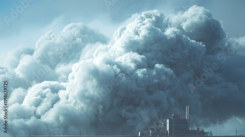 An imposing depiction of atmospheric pollution. A thick cloud of emissions rising into the sky from an industrial landscape. A visual metaphor for environmental concerns