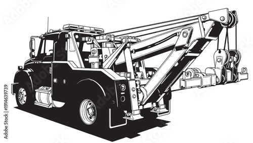 Black and white tow truck with crane lifting equipment in vintage service scene.