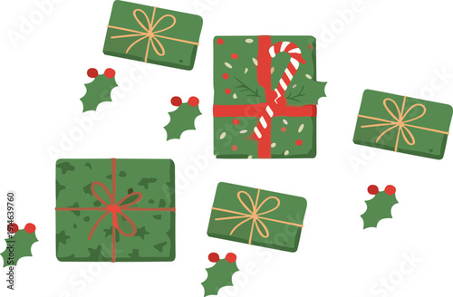 Green Christmas Gift Boxes with Holly Leaves and Candy Cane Festive Holiday Flat Vector Illustration Set