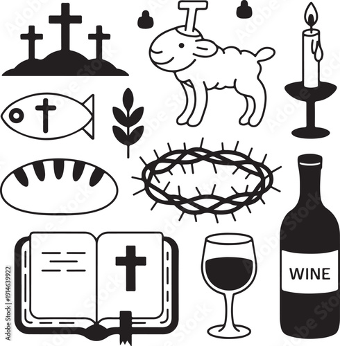 Various Christian symbols including crosses, a Bible, a lamb, bread, wine, and a candle