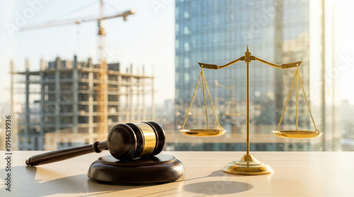 Gavel and scale on table with construction site background symbolize confident property law justice and honest legal regulation regarding real estate investment and urban development projects