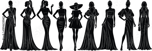Black silhouette vector of elegant fashion models wearing formal evening gowns and luxury dresses for gala events and red carpet themes.