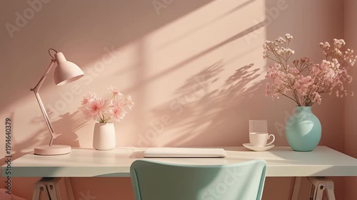 Aesthetic Home Office Setup with Warm Sunlight and Floral Decor.