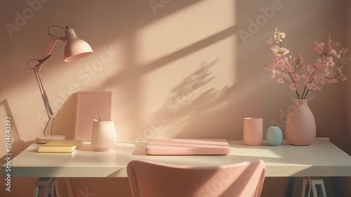 Aesthetic Pink Home Office with Laptop and Desk Lamp in Warm Sunlight.