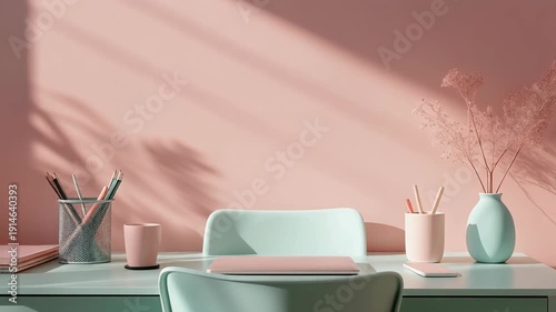 Aesthetic Home Office Desk Setup with Soft Lighting and Plant Shadows.