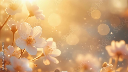 Beautiful Cherry Blossom Flowers in Springtime with Golden Sunlight and Bokeh Background.