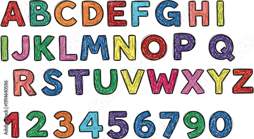 Professional hand-drawn colorful crayon alphabet and number set featuring textured uppercase letters and vibrant numeric characters for children's education and creative design