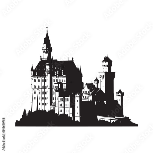 Majestic medieval castle silhouette with towers and battlements against a white sky, showcasing historic architecture and fortress style.