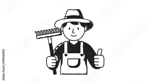 Cheerful cartoon gardener with a rake giving a friendly thumbs up in a welcoming outdoor scene.
