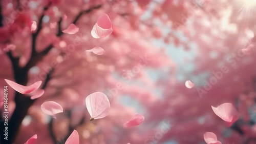 Beautiful Pink Cherry Blossom Petals Falling Gently in Spring Sunlight.