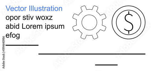 Business strategy, financial planning, productivity, economics, technology, workflow. Gear and dollar symbol alongside placeholder text. Business strategy and financial planning concept