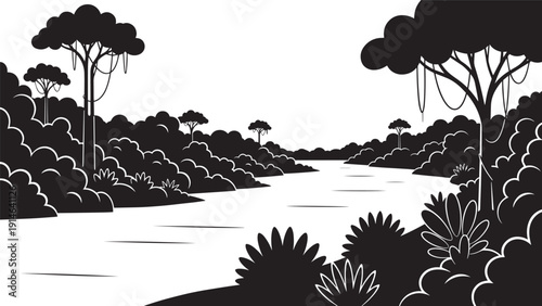 Serene Black and White River Landscape with Dense Forest and Riverbank.