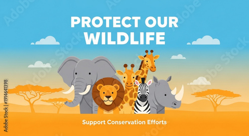 Wildlife conservation poster with elephant lion giraffe zebra and rhino in savannah landscape