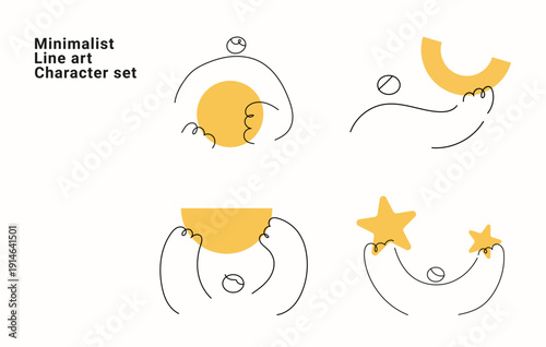Minimalist line art character set with abstract people figures in continuous one line drawing. Vector illustration collection for modern art and creative design projects yellow accents.