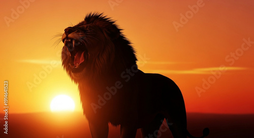Majestic lion roaring at a vibrant sunset symbolizing power and wild nature perfect for wildlife photography and safari themes