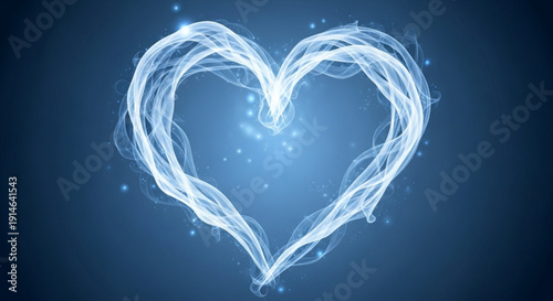Abstract glowing heart shape made of smoke and light symbolizing love and romance with a dark blue background and bokeh effects