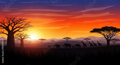Silhouetted giraffes walk across savannah at vibrant sunset with acacia trees