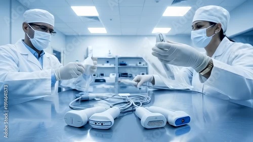 sterile technicians inspect handheld medical devices in cleanroom setting, masked and gloved operators arrange devices on stainless tray, quality checks, packaging materials and aseptic