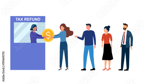 Tax return, vat refund or other money back operations.Tax free desk and people in queue. Get payment back from cashier counter at the airport.