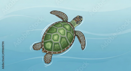 Green sea turtle swimming in blue ocean water with waves viewed from above eco friendly marine life concept