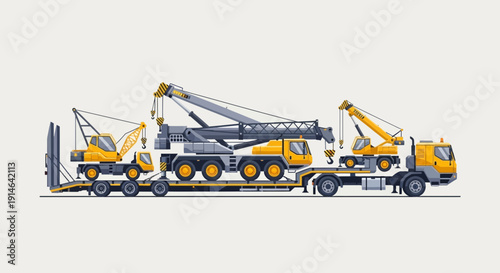 Heavy Lifting Machines Transported On Lowboy Trailer Construction Equipment Moving Logistics