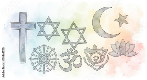 Diverse religious symbols on colorful background representing faith and spirituality globally