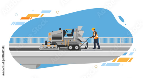 Heavy Machinery And Construction Worker Paving Road Surface