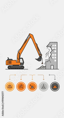 Heavy Machinery Demolishes Urban Structure For Redevelopment Project