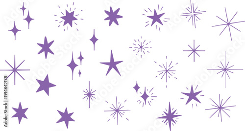 described features a collection of purple star-shaped vector graphics arranged against a white background, creating a visually appealing and minimalist design.